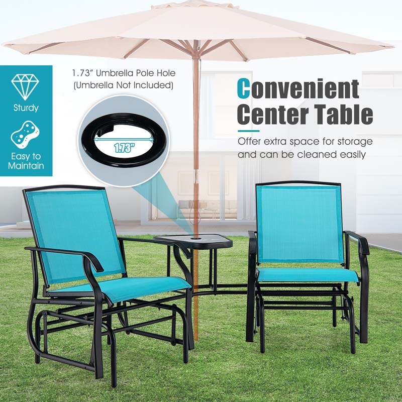 Outdoor Double Swing Glider Chair with Center Table & Umbrella Hole, 2-Person Rocking Chair & Bistro Table Set for Porch Backyard Poolside