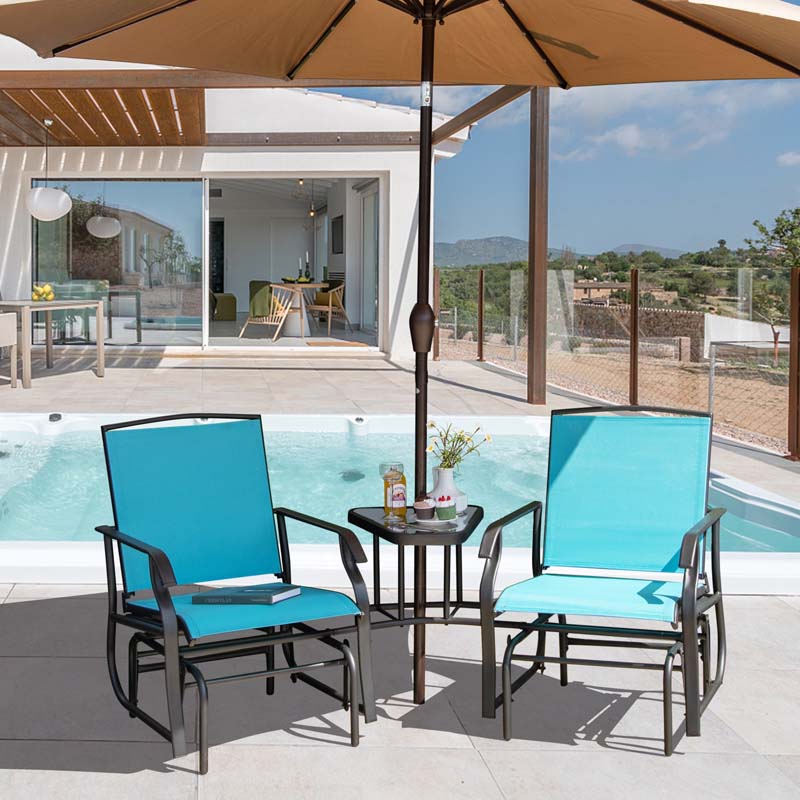 Outdoor Double Swing Glider Chair with Center Table & Umbrella Hole, 2-Person Rocking Chair & Bistro Table Set for Porch Backyard Poolside