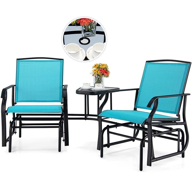 Outdoor Double Swing Glider Chair with Center Table & Umbrella Hole, 2-Person Rocking Chair & Bistro Table Set for Porch Backyard Poolside