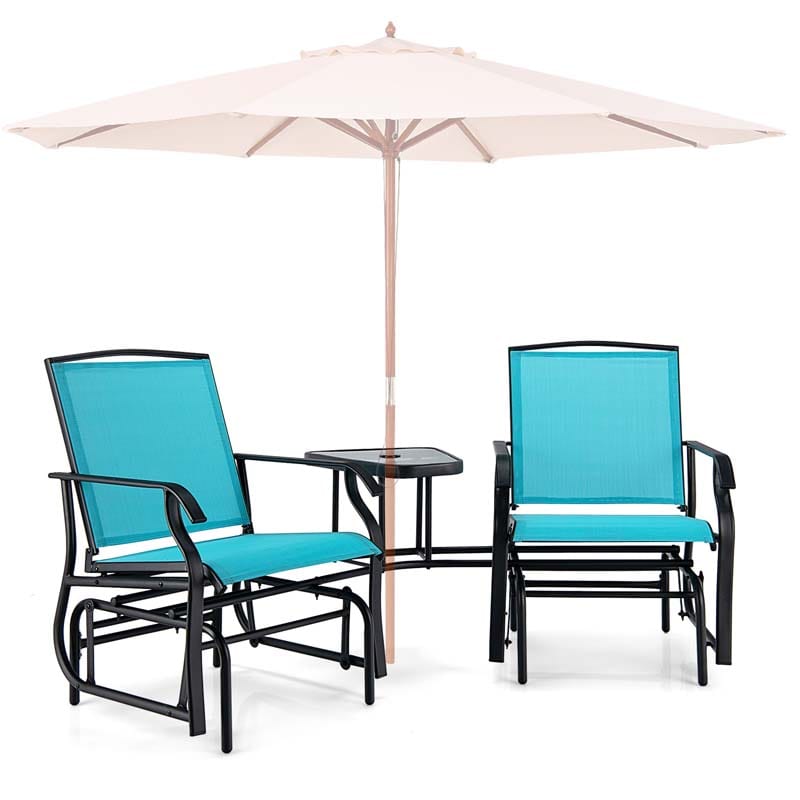 Outdoor Double Swing Glider Chair with Center Table & Umbrella Hole, 2-Person Rocking Chair & Bistro Table Set for Porch Backyard Poolside
