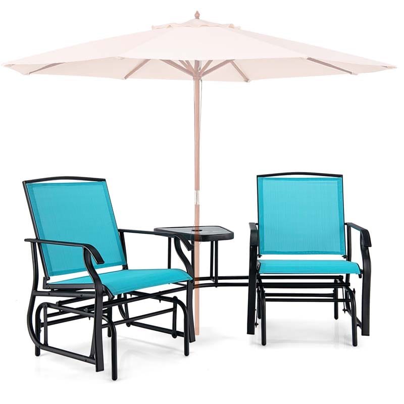 2-Person Double Swing Glider Chair Sling Fabric Porch Rocker with Glass Table & 1.73" Umbrella Hole