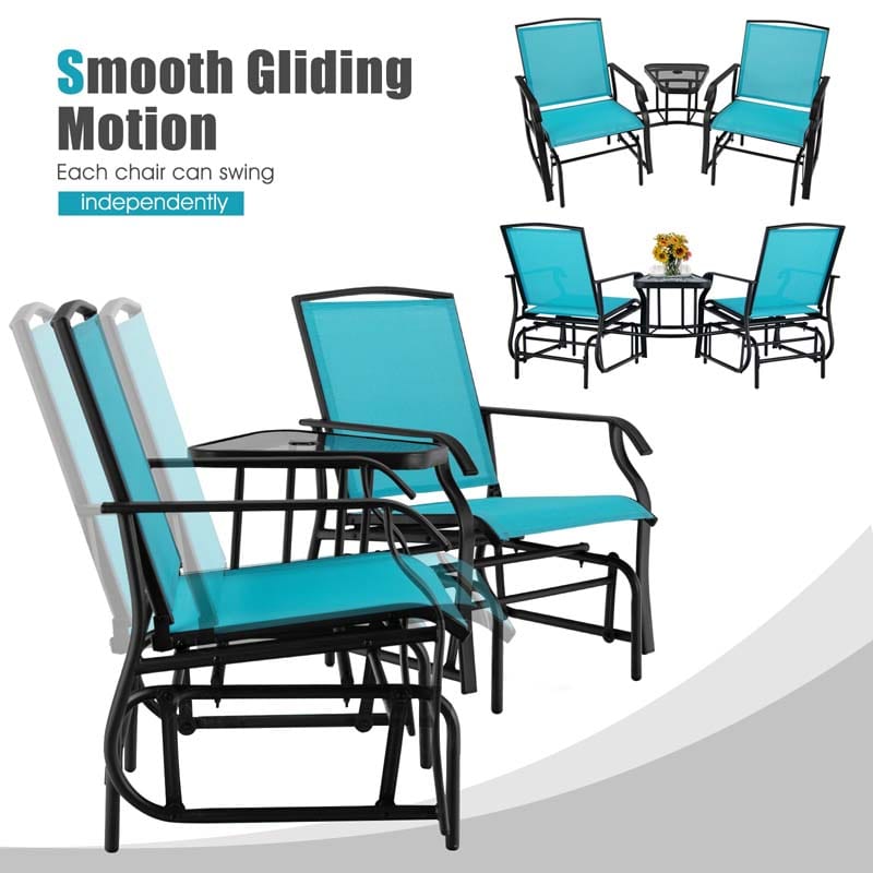 Outdoor Double Swing Glider Chair with Center Table & Umbrella Hole, 2-Person Rocking Chair & Bistro Table Set for Porch Backyard Poolside
