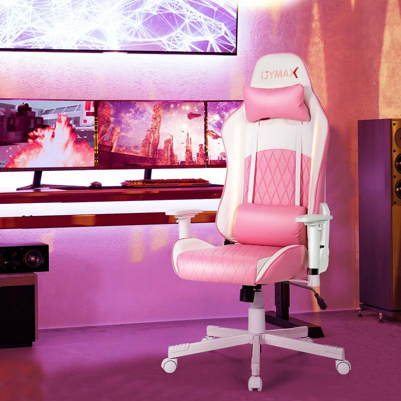 Pink Gaming Chair Recliner, High Back Ergonomic PC Racing Chair, Fully Adjustable Swivel Office Chair with Headrest & Lumbar Support