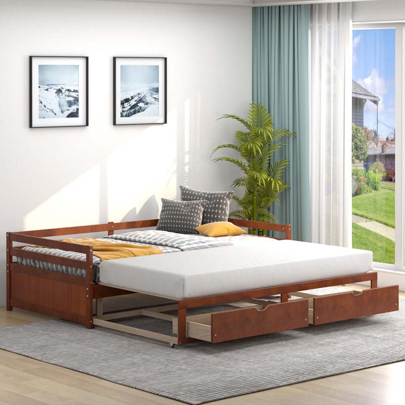 Extendable Twin to King Daybed with Trundle & 2 Storage Drawers, Dual-use Modern Sofa Bed with Roll Out Bed Frame