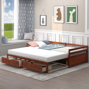 Extendable Twin to King Daybed with Trundle & 2 Storage Drawers, Dual-use Modern Sofa Bed with Roll Out Bed Frame