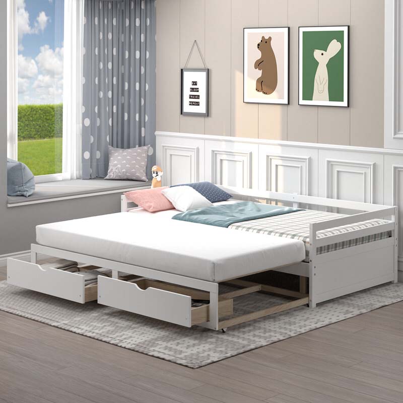 Extendable Twin to King Daybed with Trundle & 2 Storage Drawers, Dual-use Modern Sofa Bed with Roll Out Bed Frame