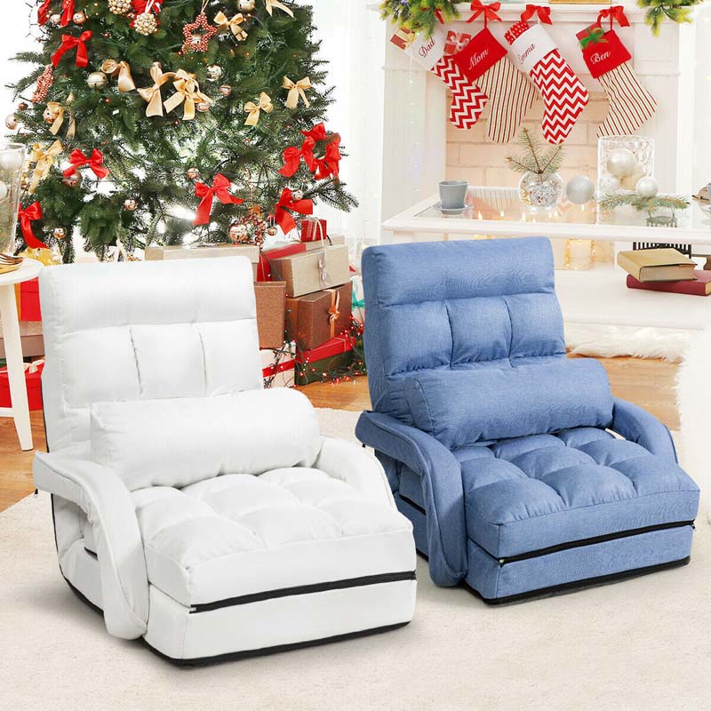 Foldable Massage Floor Chair Recliner, Single Lazy Sofa with Ergonomic Armrest, Adjustable 5 Backrest Positions & Detachable Mat