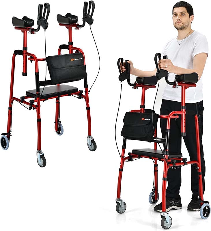 2 in 1 Folding Upright Walker Height Adjustable Rollator Walker with Seat & Wheels, Mobility Walking Aid for Seniors