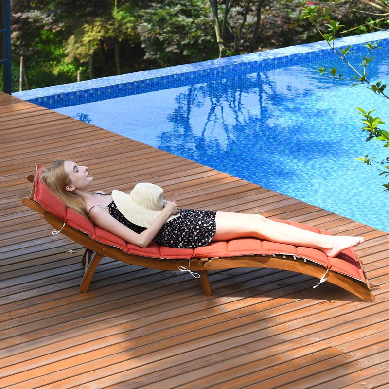Patio Folding Wood Chaise Lounge Chair, Wooden Outdoor Sun Lounger with Cushioned Pad for Pool Beach Lawn