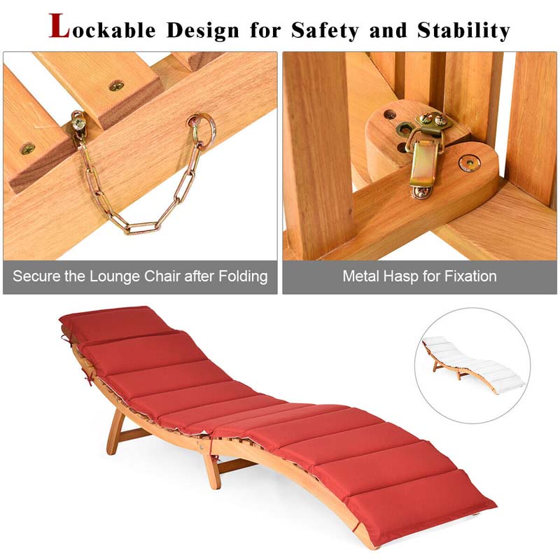 Patio Folding Wood Chaise Lounge Chair, Wooden Outdoor Sun Lounger with Cushioned Pad for Pool Beach Lawn