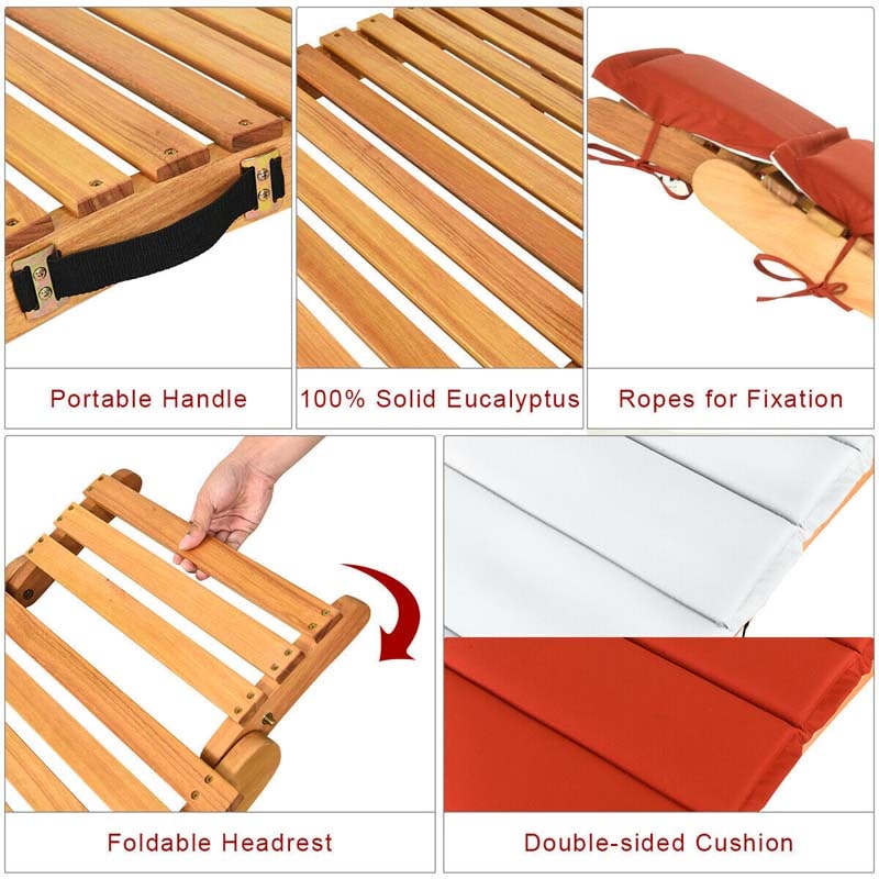 Patio Folding Wood Chaise Lounge Chair, Wooden Outdoor Sun Lounger with Cushioned Pad for Pool Beach Lawn
