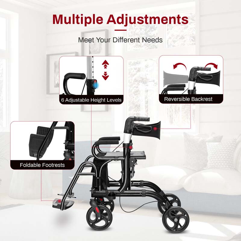 2 in 1 Folding Rollator Walker with Seat, Aluminum Medical Walker Transport Wheelchair with 8" Wheels & Bag, Mobility Walking Aid for Seniors