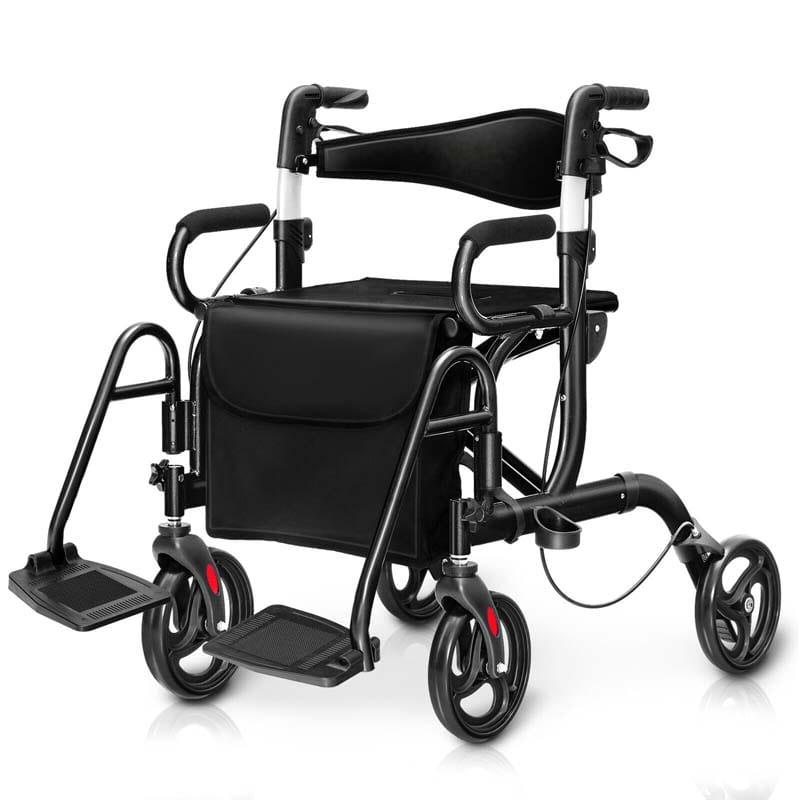 2 in 1 Folding Rollator Walker with Seat, Aluminum Medical Walker Transport Wheelchair with 8" Wheels & Bag, Mobility Walking Aid for Seniors