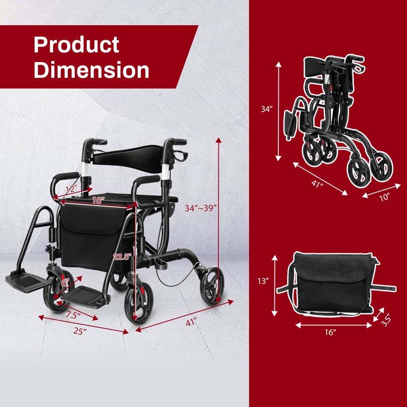 2 in 1 Folding Rollator Walker with Seat, Aluminum Medical Walker Transport Wheelchair with 8" Wheels & Bag, Mobility Walking Aid for Seniors