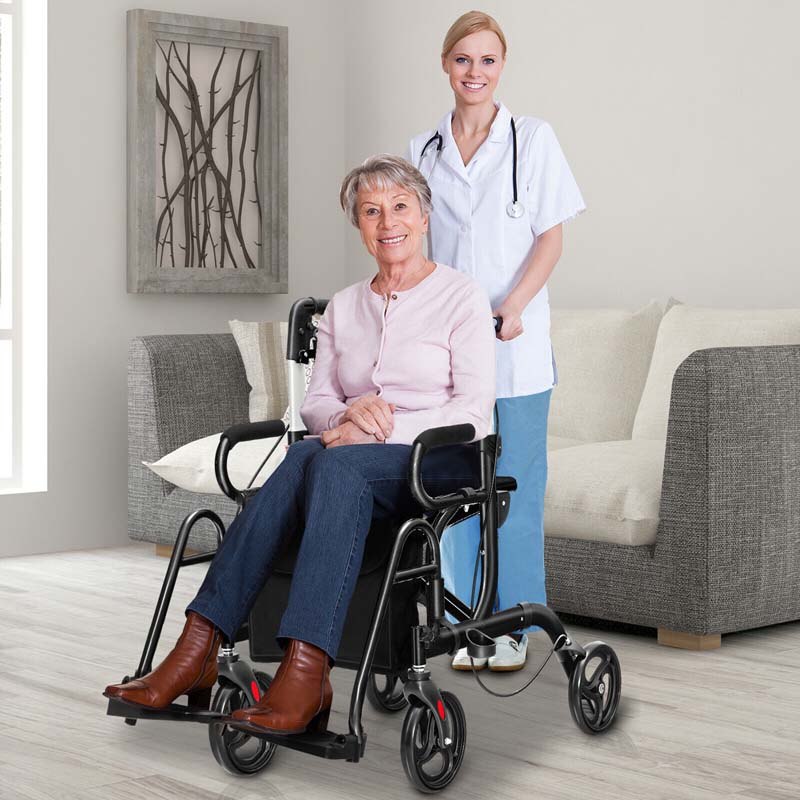 2 in 1 Folding Rollator Walker with Seat, Aluminum Medical Walker Transport Wheelchair with 8" Wheels & Bag, Mobility Walking Aid for Seniors