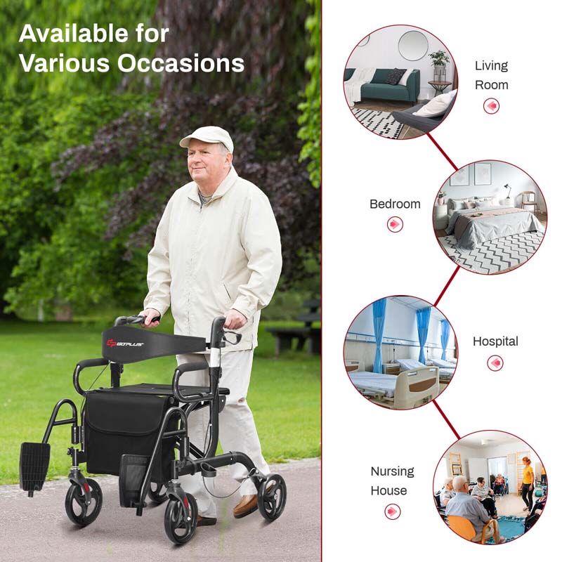 2 in 1 Folding Rollator Walker with Seat, Aluminum Medical Walker Transport Wheelchair with 8" Wheels & Bag, Mobility Walking Aid for Seniors