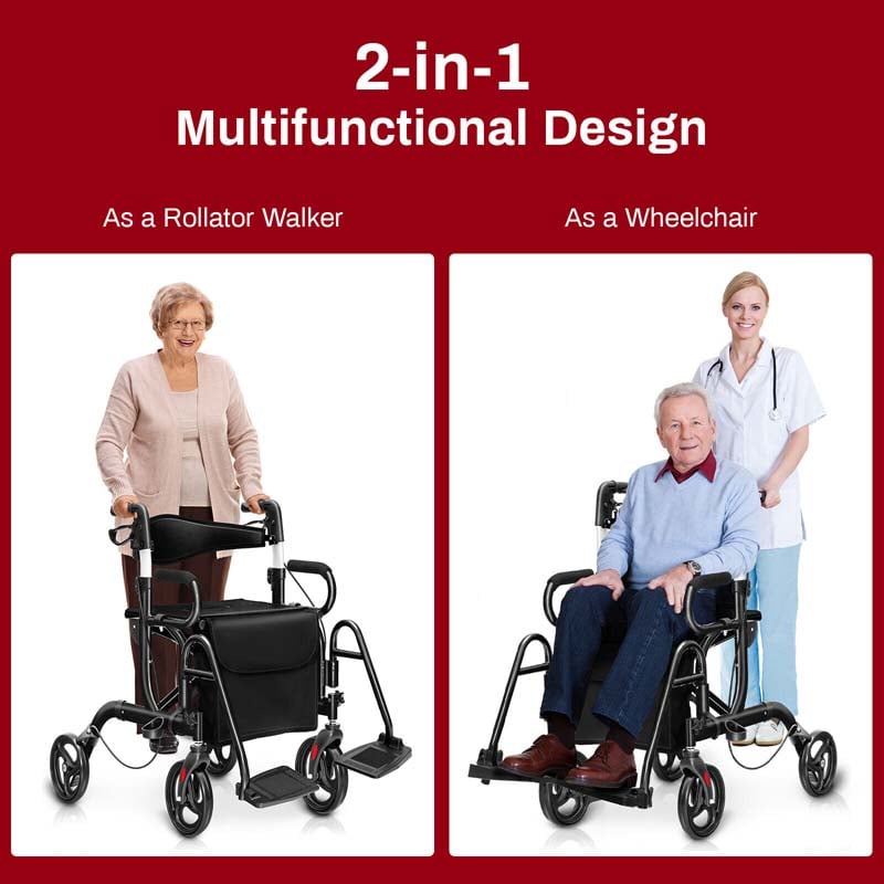 2 in 1 Folding Rollator Walker with Seat, Aluminum Medical Walker Transport Wheelchair with 8" Wheels & Bag, Mobility Walking Aid for Seniors