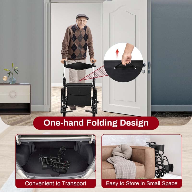 2 in 1 Folding Rollator Walker with Seat, Aluminum Medical Walker Transport Wheelchair with 8" Wheels & Bag, Mobility Walking Aid for Seniors
