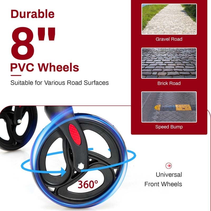 2 in 1 Folding Rollator Walker with Seat, Aluminum Medical Walker Transport Wheelchair with 8" Wheels & Bag, Mobility Walking Aid for Seniors