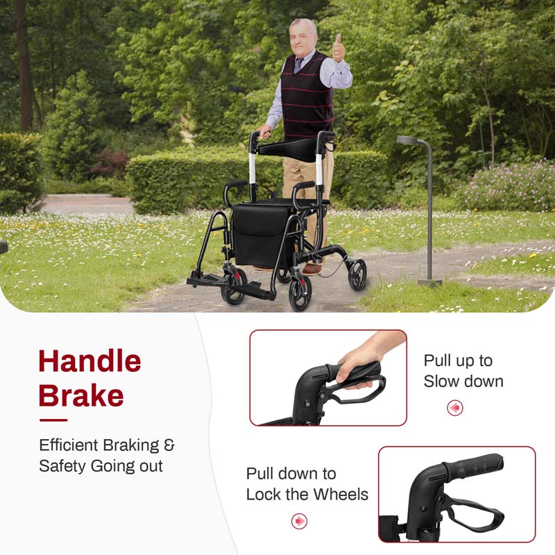 2 in 1 Folding Rollator Walker with Seat, Aluminum Medical Walker Transport Wheelchair with 8" Wheels & Bag, Mobility Walking Aid for Seniors