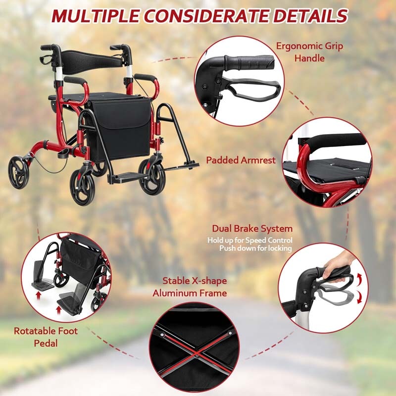 2 in 1 Folding Rollator Walker with Seat, Aluminum Medical Walker Transport Wheelchair with 8" Wheels & Bag, Mobility Walking Aid for Seniors