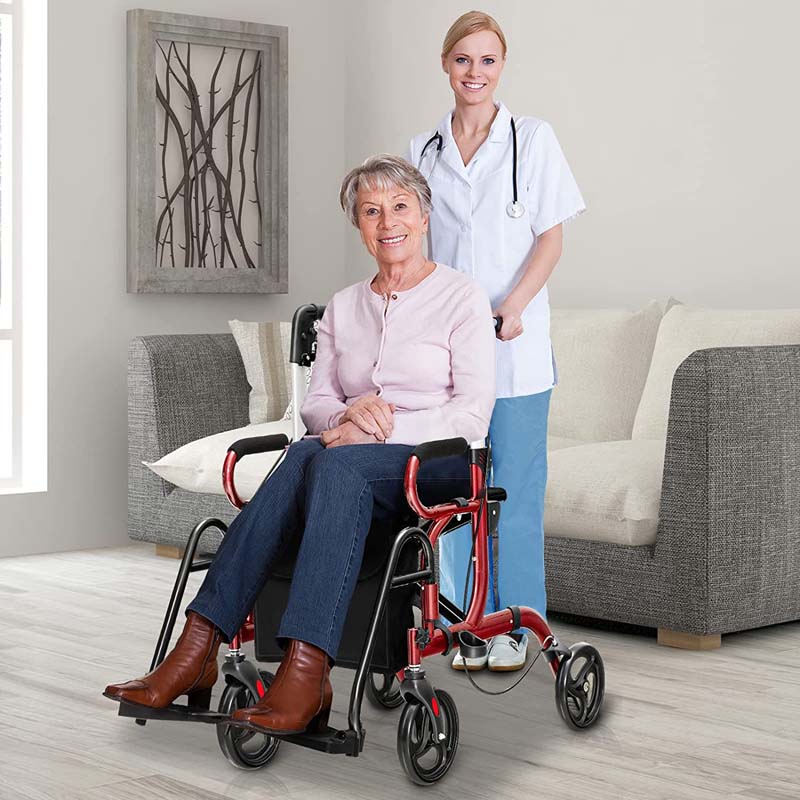 2 in 1 Folding Rollator Walker with Seat, Aluminum Medical Walker Transport Wheelchair with 8" Wheels & Bag, Mobility Walking Aid for Seniors