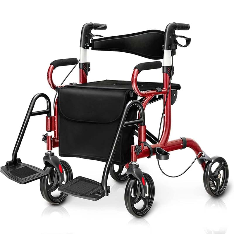 2 in 1 Folding Rollator Walker with Seat, Aluminum Medical Walker Transport Wheelchair with 8" Wheels & Bag, Mobility Walking Aid for Seniors