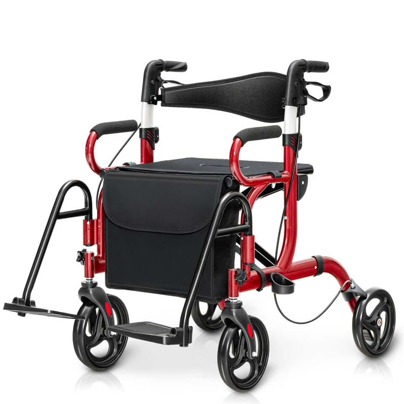 2 in 1 Folding Rollator Walker with Seat, Aluminum Medical Walker Transport Wheelchair with 8" Wheels & Bag, Mobility Walking Aid for Seniors