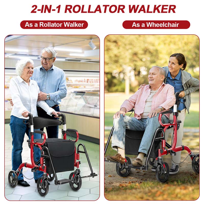 2 in 1 Folding Rollator Walker with Seat, Aluminum Medical Walker Transport Wheelchair with 8" Wheels & Bag, Mobility Walking Aid for Seniors