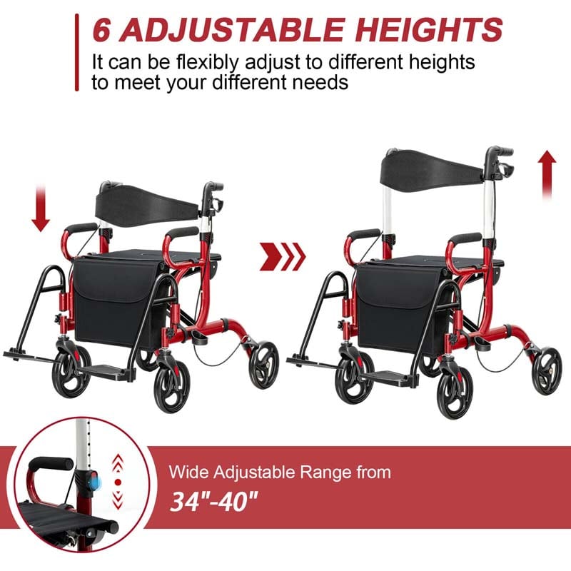 2 in 1 Folding Rollator Walker with Seat, Aluminum Medical Walker Transport Wheelchair with 8" Wheels & Bag, Mobility Walking Aid for Seniors