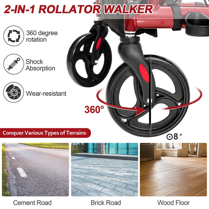 2 in 1 Folding Rollator Walker with Seat, Aluminum Medical Walker Transport Wheelchair with 8" Wheels & Bag, Mobility Walking Aid for Seniors