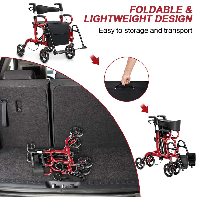 2 in 1 Folding Rollator Walker with Seat, Aluminum Medical Walker Transport Wheelchair with 8" Wheels & Bag, Mobility Walking Aid for Seniors