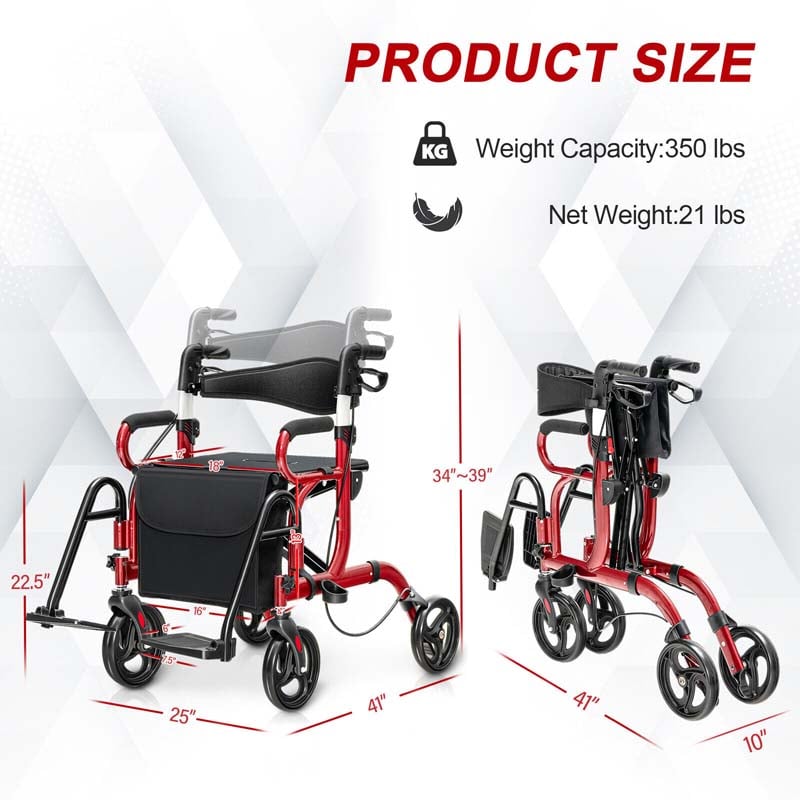 2 in 1 Folding Rollator Walker with Seat, Aluminum Medical Walker Transport Wheelchair with 8" Wheels & Bag, Mobility Walking Aid for Seniors