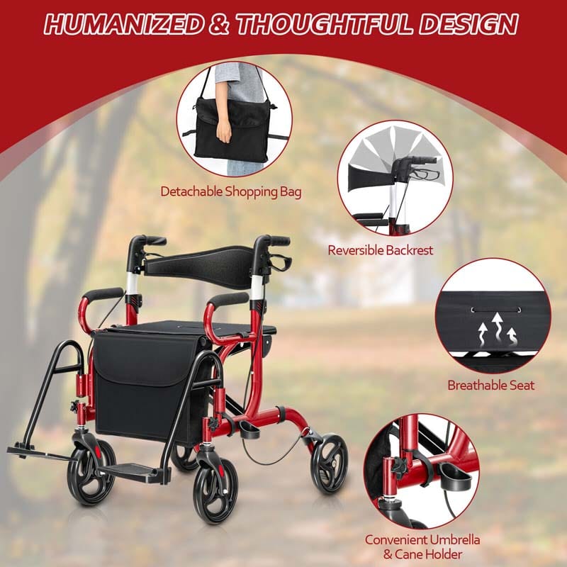 2 in 1 Folding Rollator Walker with Seat, Aluminum Medical Walker Transport Wheelchair with 8" Wheels & Bag, Mobility Walking Aid for Seniors