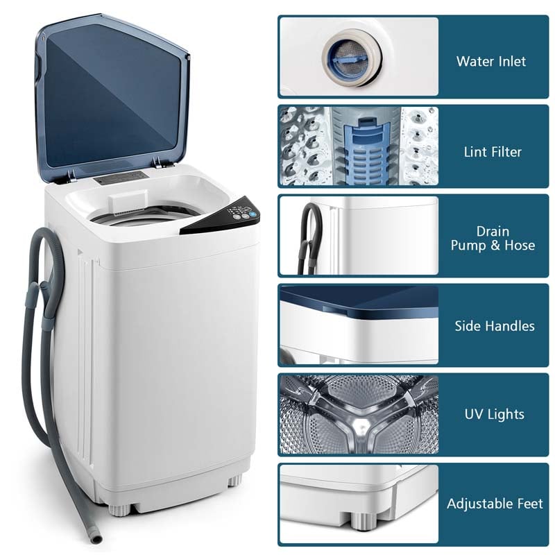 7.7 lbs Full-Automatic Washing Machine Portable Washer & Spin Dryer Built-in Germicidal UV Light & Drain Pump