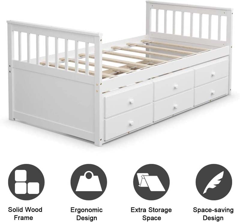 Full Captain's Bed with Trundle Bed & 3 Storage Drawers, Wooden Platform Storage Daybed for Kids Guests Sleepovers