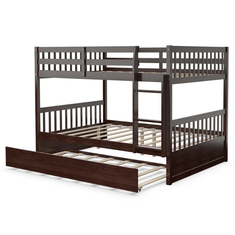 Full Over Full Bunk Bed with Trundle, Solid Wood Frame & Guardrails/Ladder, Space-Saving Bunk Bed for Adults Kids Teens, No Box Spring Needed