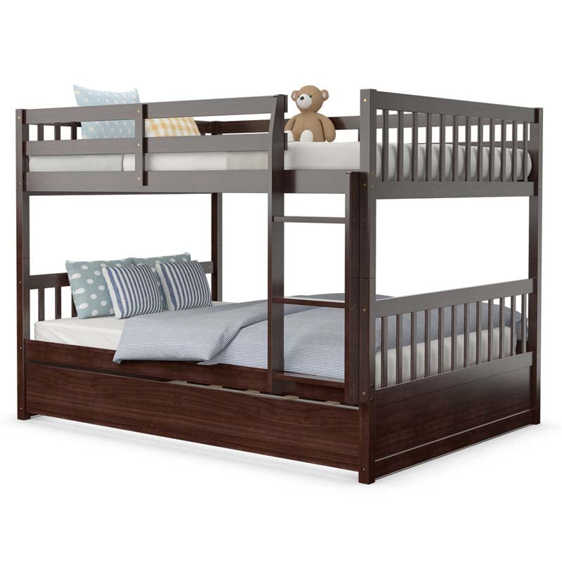 Full Over Full Bunk Bed with Trundle, Solid Wood Frame & Guardrails/Ladder, Space-Saving Bunk Bed for Adults Kids Teens, No Box Spring Needed