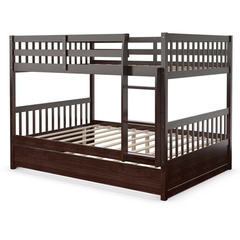 Full Over Full Bunk Bed with Trundle, Solid Wood Frame & Guardrails/Ladder, Space-Saving Bunk Bed for Adults Kids Teens, No Box Spring Needed