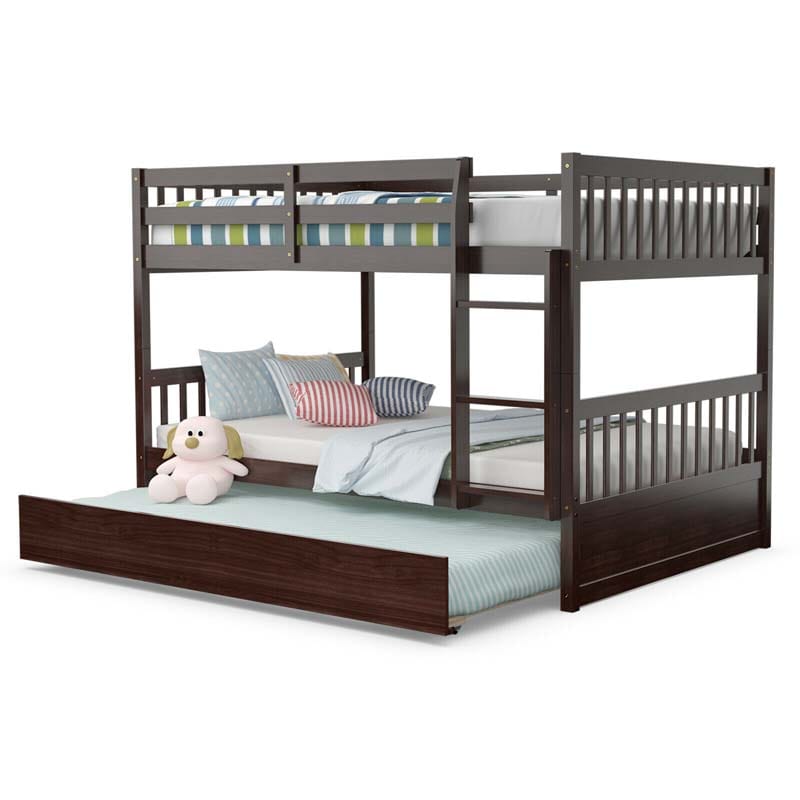 Full Over Full Bunk Bed with Trundle, Solid Wood Frame & Guardrails/Ladder, Space-Saving Bunk Bed for Adults Kids Teens, No Box Spring Needed