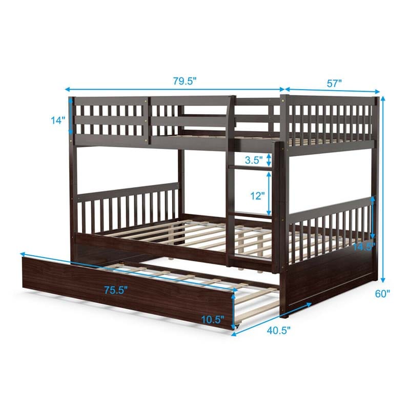 Full Over Full Bunk Bed with Trundle, Solid Wood Frame & Guardrails/Ladder, Space-Saving Bunk Bed for Adults Kids Teens, No Box Spring Needed