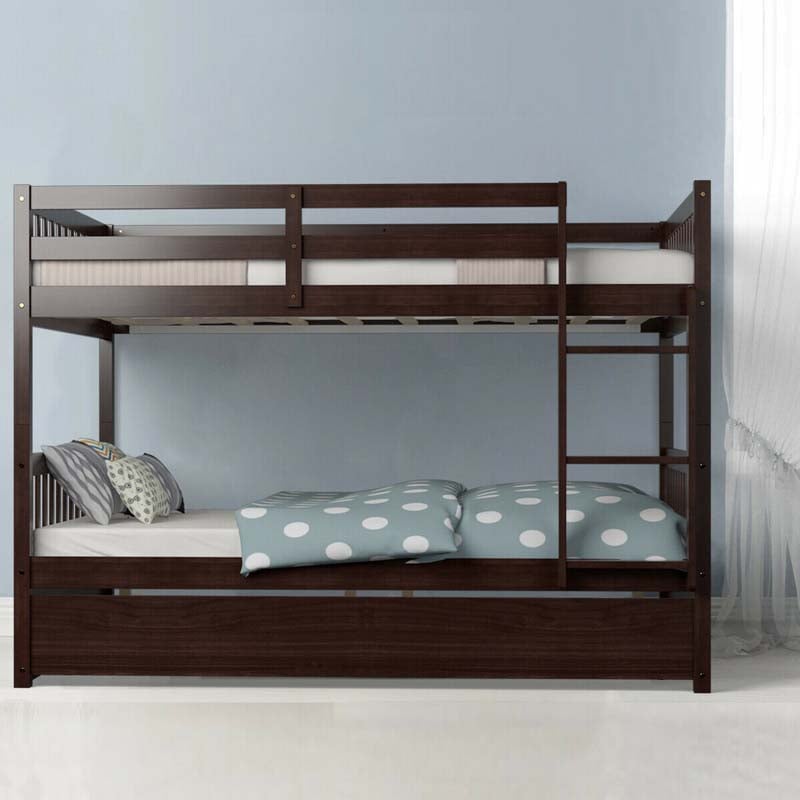 Full Over Full Bunk Bed with Trundle, Solid Wood Frame & Guardrails/Ladder, Space-Saving Bunk Bed for Adults Kids Teens, No Box Spring Needed
