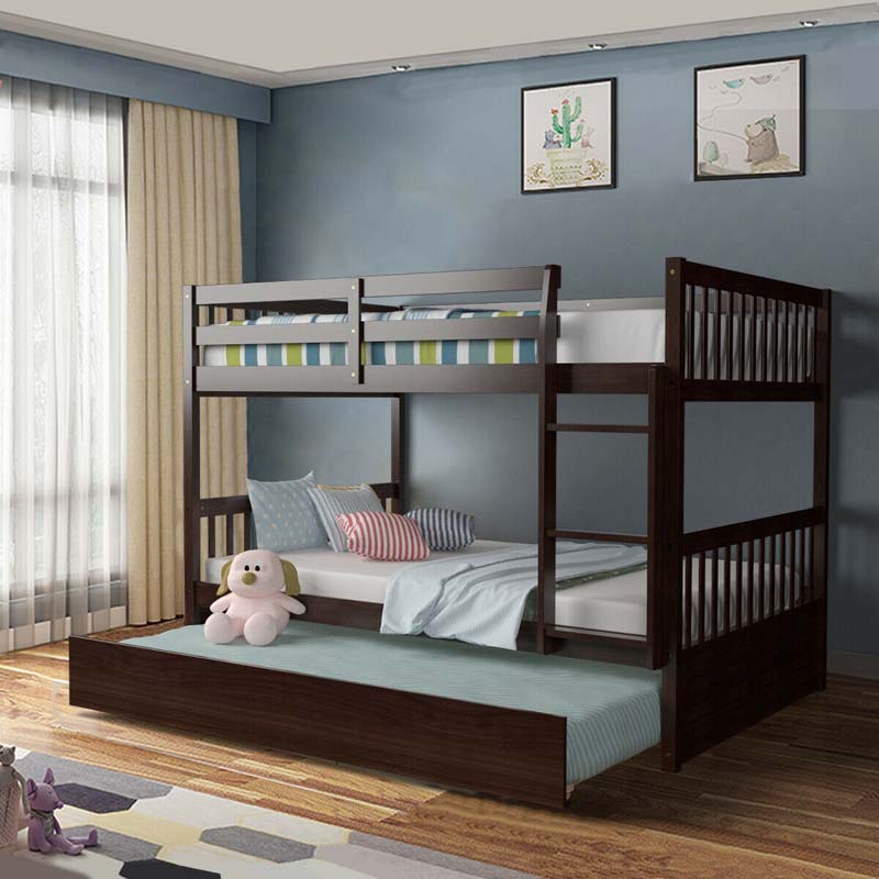 Full Over Full Bunk Bed with Trundle, Solid Wood Frame & Guardrails/Ladder, Space-Saving Bunk Bed for Adults Kids Teens, No Box Spring Needed