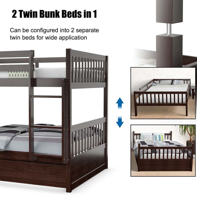 Full Over Full Bunk Bed with Trundle, Solid Wood Frame & Guardrails/Ladder, Space-Saving Bunk Bed for Adults Kids Teens, No Box Spring Needed