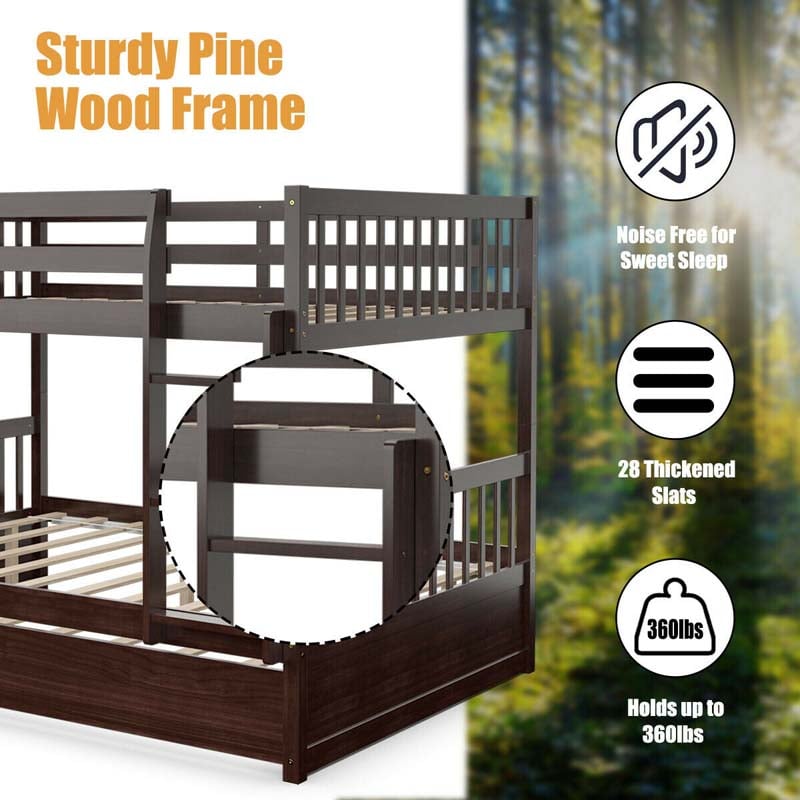 Full Over Full Bunk Bed with Trundle, Solid Wood Frame & Guardrails/Ladder, Space-Saving Bunk Bed for Adults Kids Teens, No Box Spring Needed