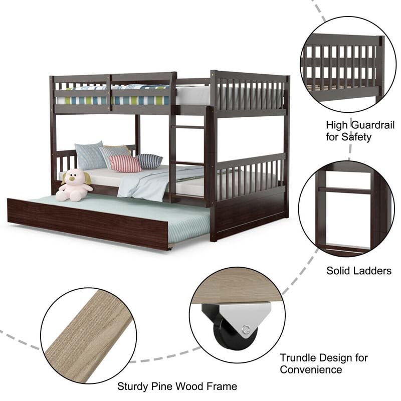 Full Over Full Bunk Bed with Trundle, Solid Wood Frame & Guardrails/Ladder, Space-Saving Bunk Bed for Adults Kids Teens, No Box Spring Needed