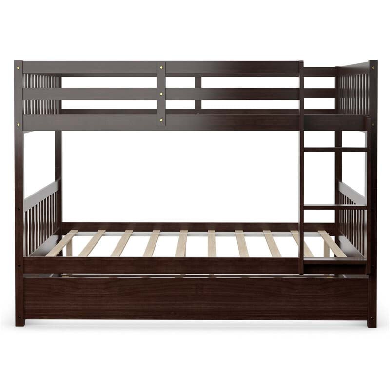 Full Over Full Bunk Bed with Trundle, Solid Wood Frame & Guardrails/Ladder, Space-Saving Bunk Bed for Adults Kids Teens, No Box Spring Needed