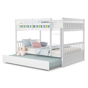 Solid Wood Full Over Full Bunk Bed Frame with Trundle, Safety Ladder & Guardrails, Convertible Bunk Bed for Kids Teens