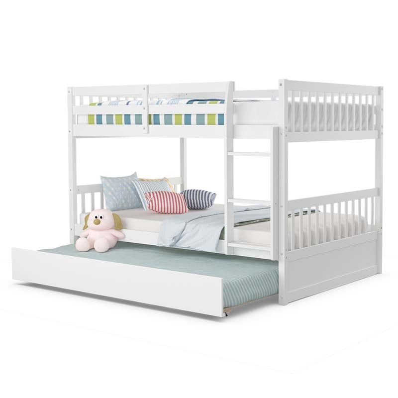 Full Over Full Bunk Bed with Trundle, Solid Wood Frame & Guardrails/Ladder, Space-Saving Bunk Bed for Adults Kids Teens, No Box Spring Needed