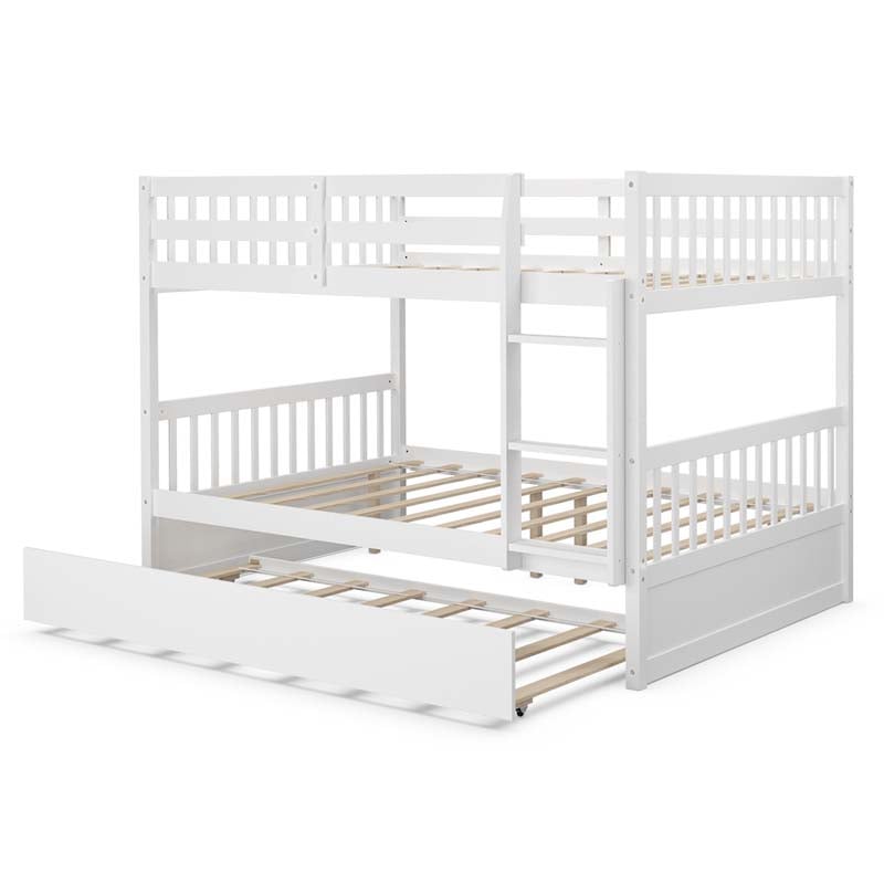 Full Over Full Bunk Bed with Trundle, Solid Wood Frame & Guardrails/Ladder, Space-Saving Bunk Bed for Adults Kids Teens, No Box Spring Needed